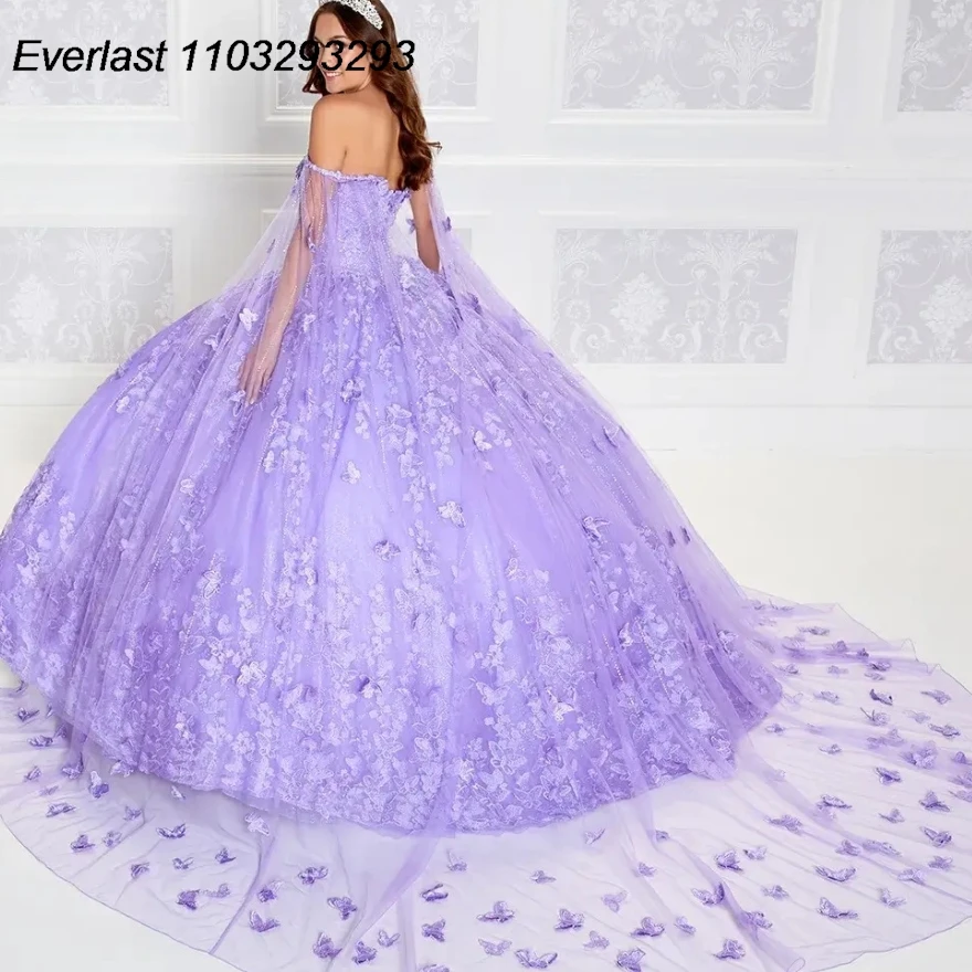 EVLAST Customized Lavender Lilac Quinceanera Dress Ball Gown 3D Floral Applique Beading Cape Sweet 16 Vestido 15 De Años TQD245