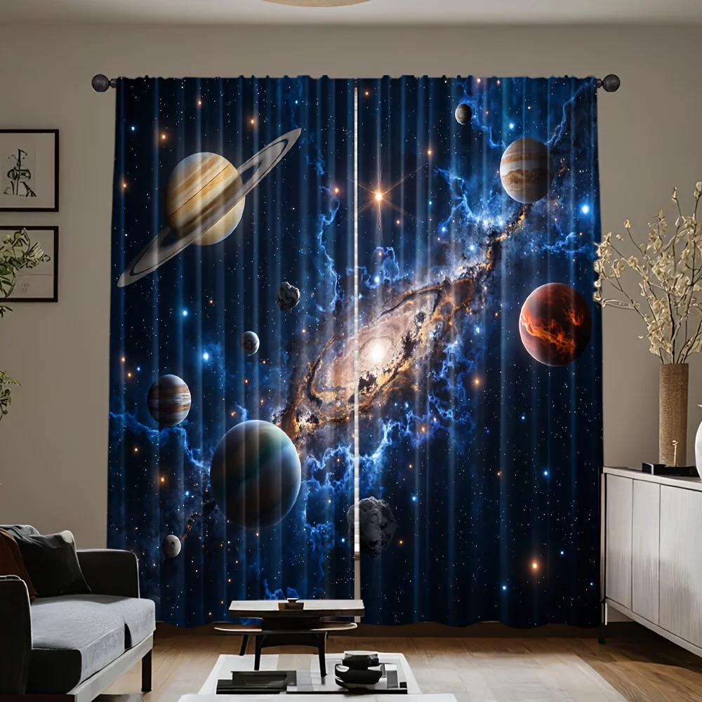 [Space Roller Blind] 2pcs Blue Galaxy Polyester Space-Themed Roller Blind Curtains | Astronaut & Planetary Design, Light-Filteri