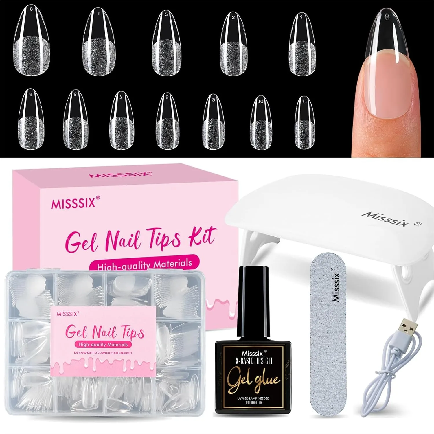 

Medium Almond Gel Nail Tips Kit 216Pcs Pre Etched Clear Fake Nails Full Cover with Gel Glue and Mini UV Lamp for Women 12 Sizes