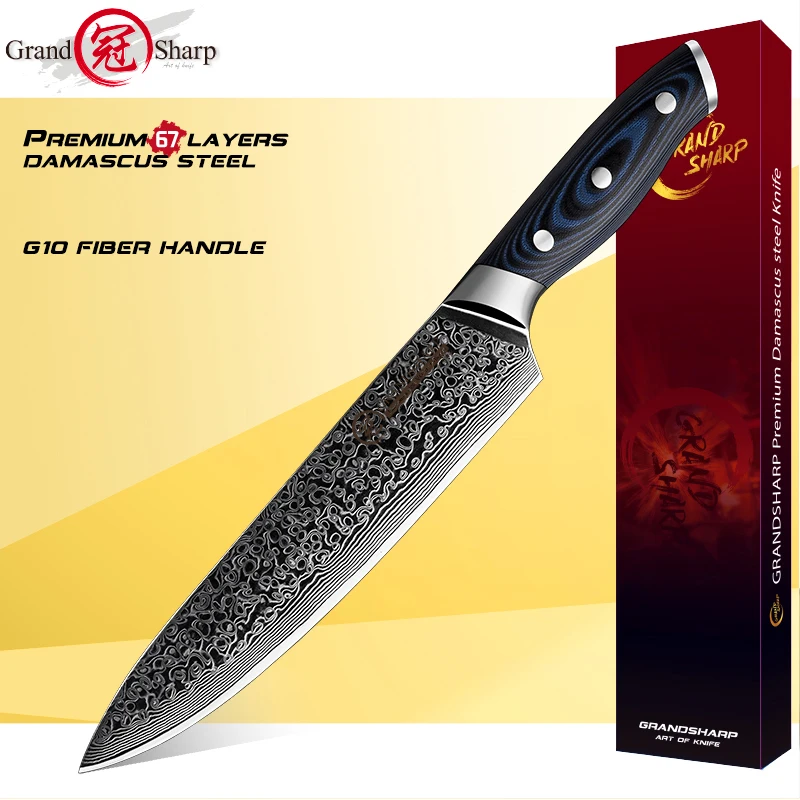 Grandsharp 8 Inch Kitchen Knife 67 Layers Japanese Damascus Chef Knife AUS-10 Steel Damascus Knives Stainless Steel G10 Handle