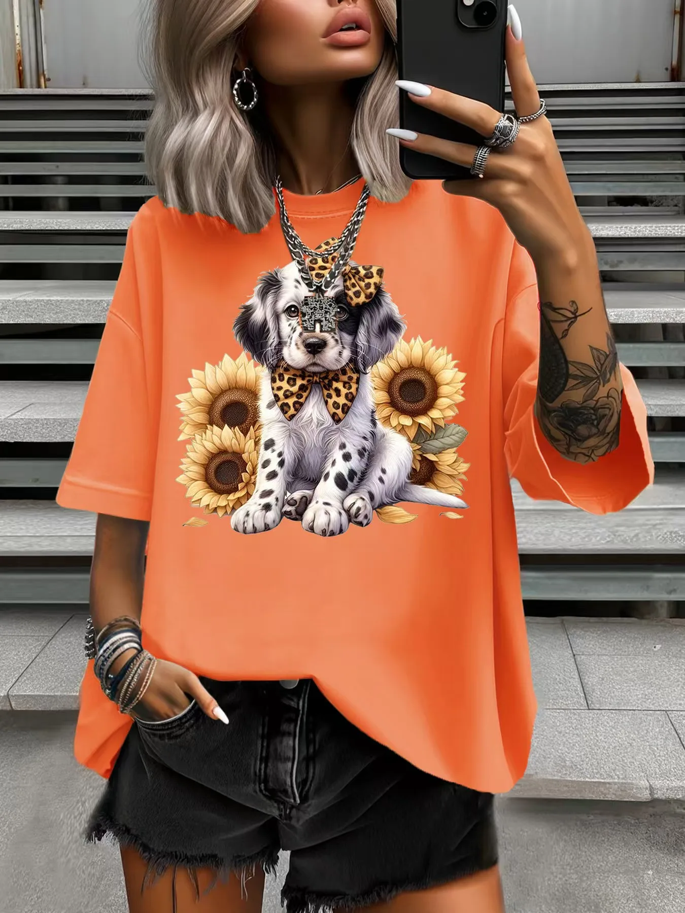 T-shirt taglie forti da donna estiva Design originale Moda Girasole Dalmata Stampata Girocollo casual da donna Top a maniche corte