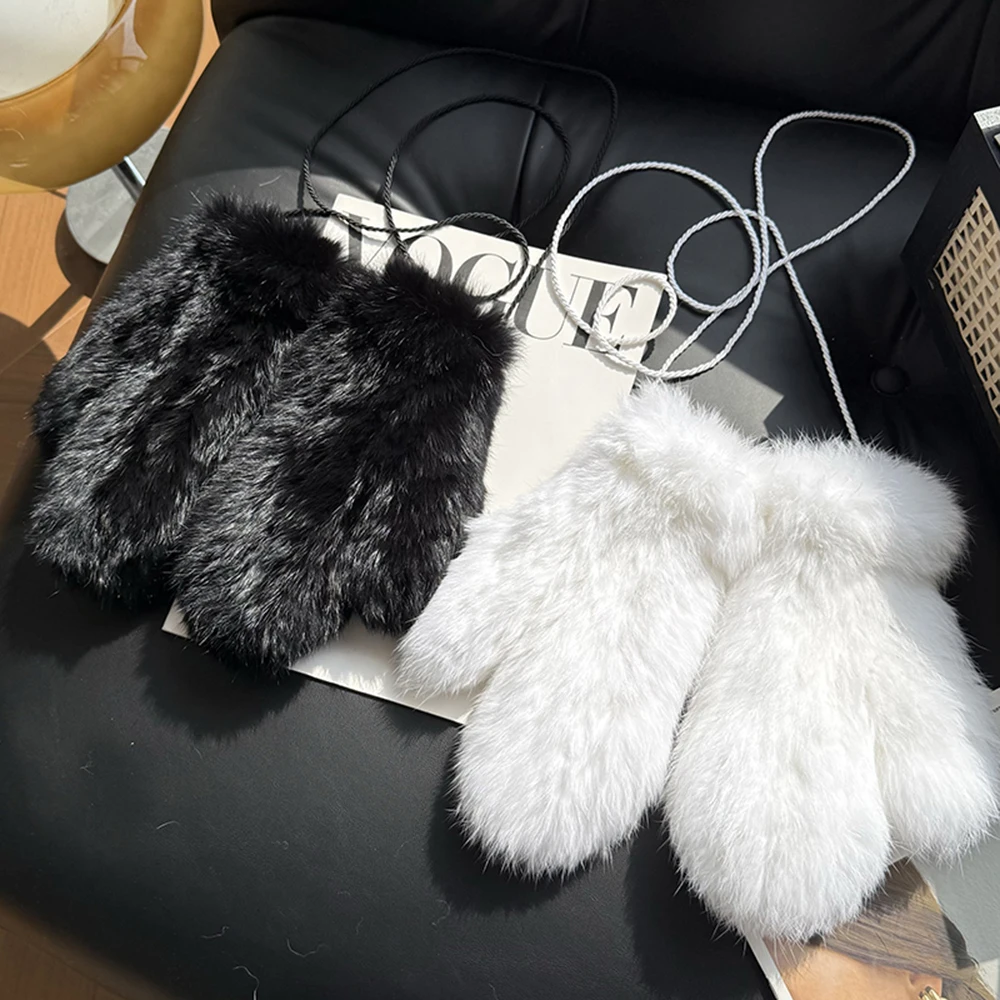Women's Winter Real Rex Rabbit Fur Gloves Warm Thick Ladies Fur Mittens Elastic Girls Ski Glove Mitts Elastic Soft With String