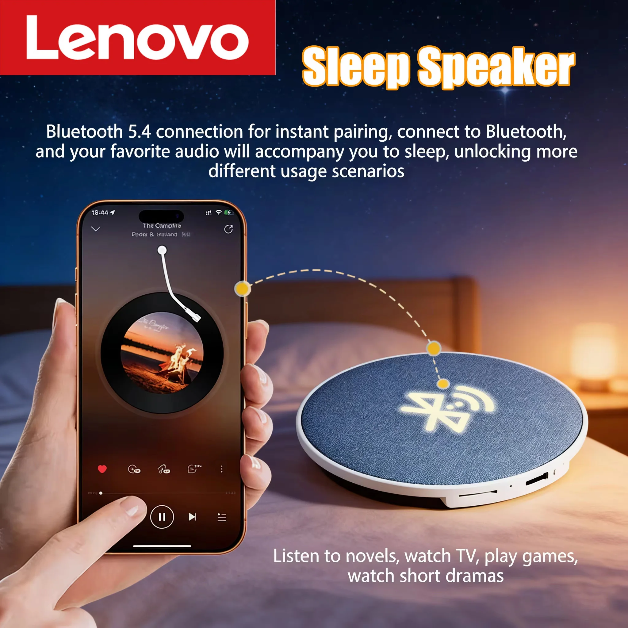 Lenovo Under Pillow Sleep Speaker Bluetooth5.4 Hi-Fi Dynamic Sound Wireless Music Player Home Sleep Sound Equipment For Bedside
