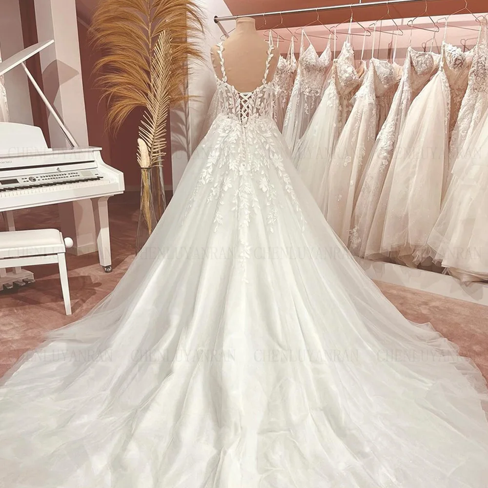 Ivory Applique Wedding Dresses Spaghetti Strap Long Bride Dress A-line Tulle Illusion Sexy Dress For Women 2024 Robe De Mariée