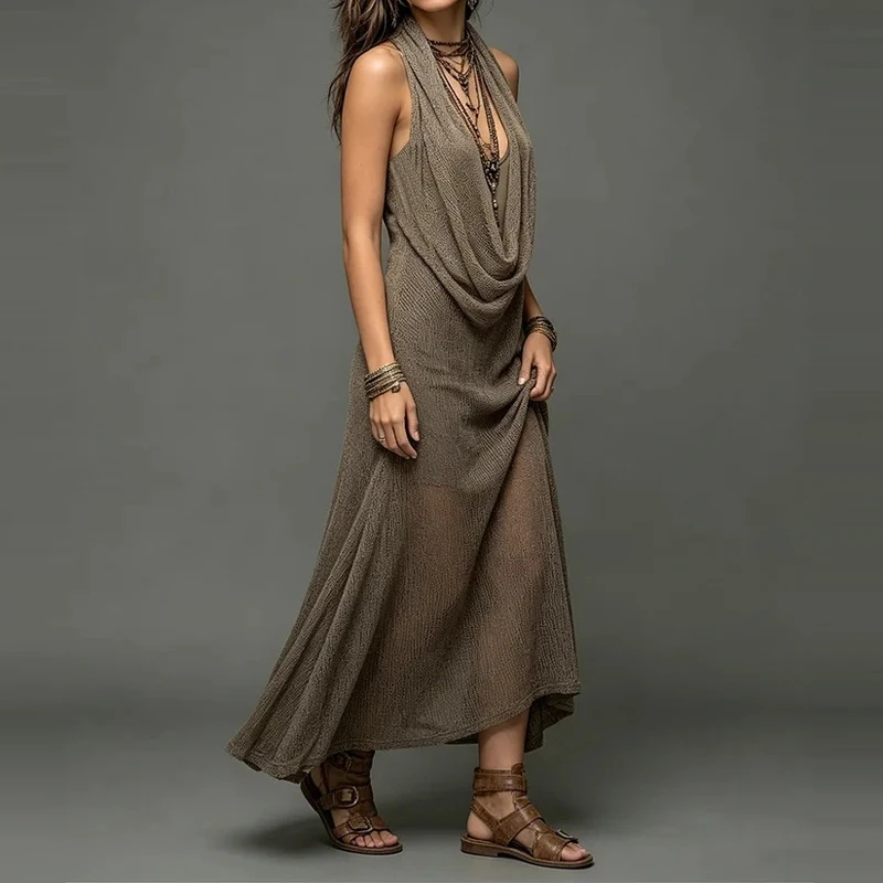 

Sexy Sleeveless Hollow Out Long Skirt Suits Women Fashion Hight Waist Solid Loose 2Pc Sets Elegant Halter Vacation Knit Outfits
