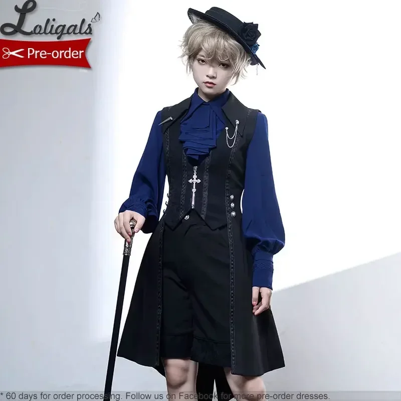 Retro Lolita Waistcoat Medieval Little Prince Swallowtail Long Vest / Shorts by Princess Chronicles ~ Black & Blue