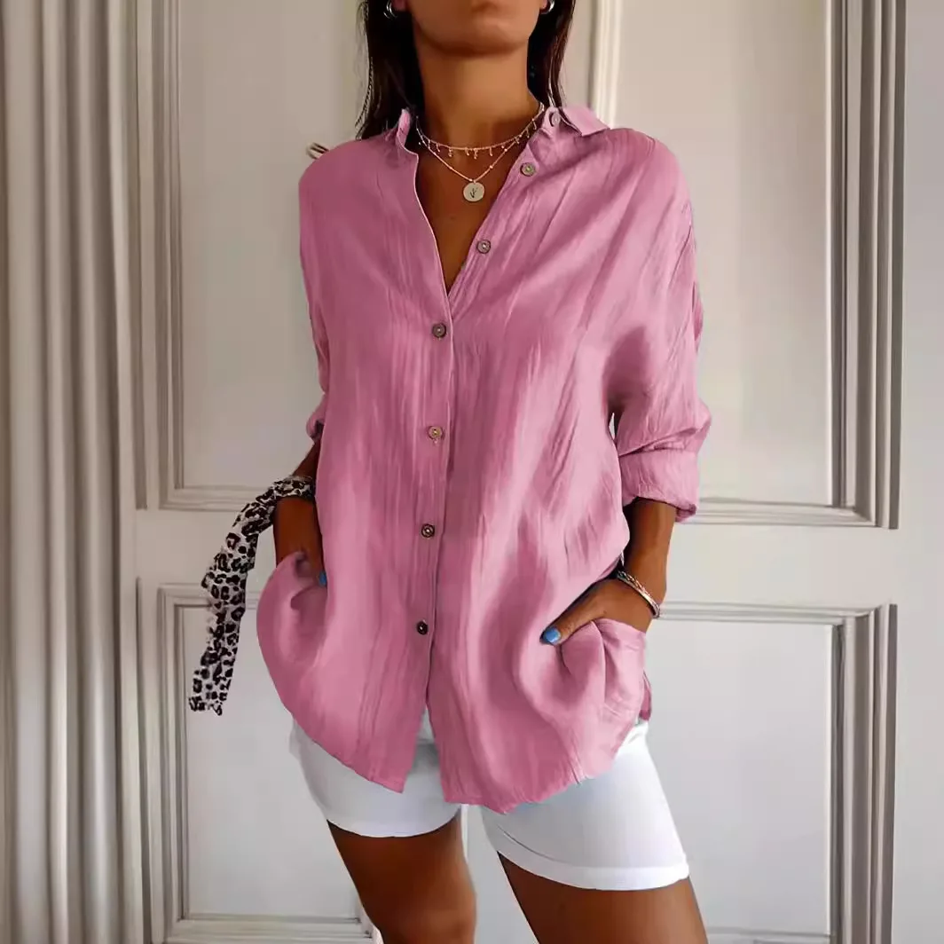 Nuova camicia monopetto con risvolto pieghettato stazione indipendente camicetta con maniche pull-up tinta unita da donna pop-up