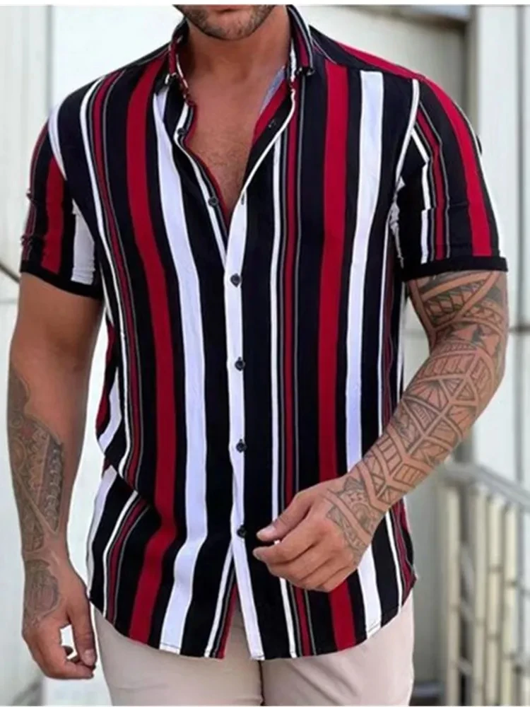 Men Shirt Man/Women Casual Fashion Pinstripe Pattern 3D Printed Short Sleeves Shirts Button Streetwear Oversized Unisex Clothing