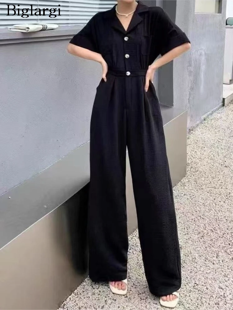 

Summer Jumpsuit Women Wide Leg Loose Pleated Korean Style Ladies Jumpsuits Fashion Casual Woman Jumpsuit