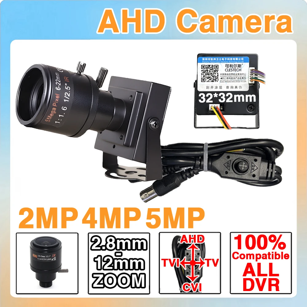 2.8-12mm Focus Metal Super Small 32*32mm 4in1 CVBS/TVI/CVI AHD Mini Zoom Camera 1080P 4MP 5MP 4K CCTV Ultra HD With OSD+Bracket