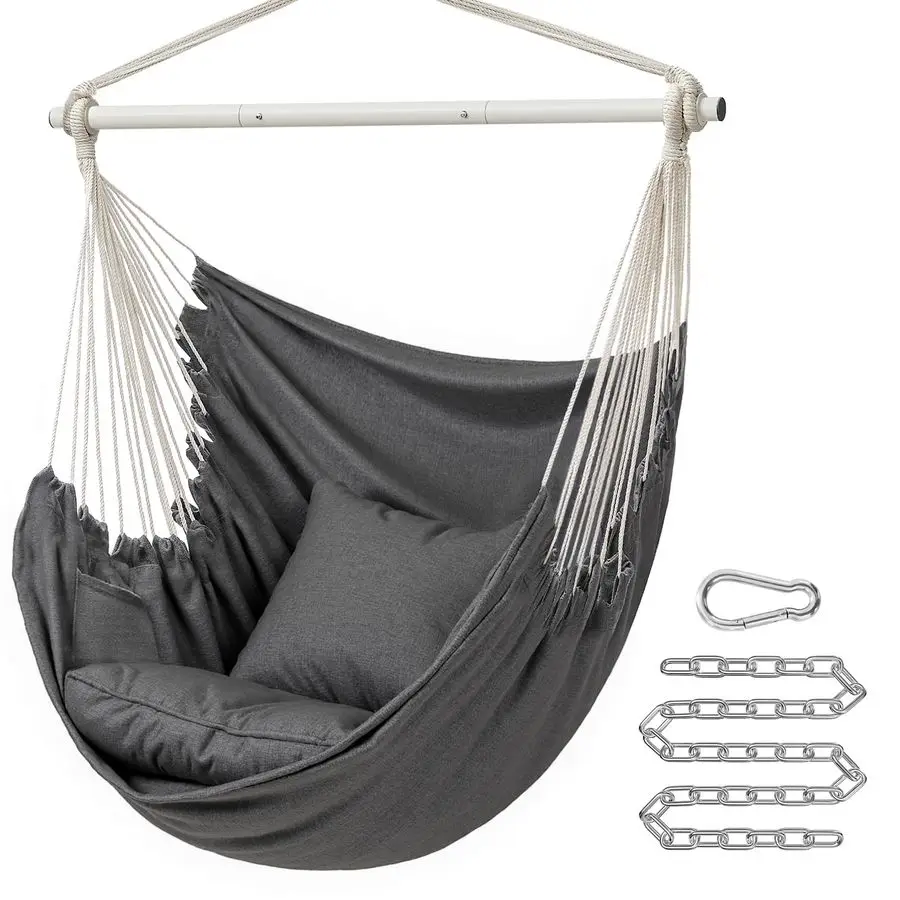 Hammock Chair, Load Capacity 500 lb, Hanging Chair with 2 Cushions, Large Hammock Swing with Chain and Pocket, for Indoor, Outdo