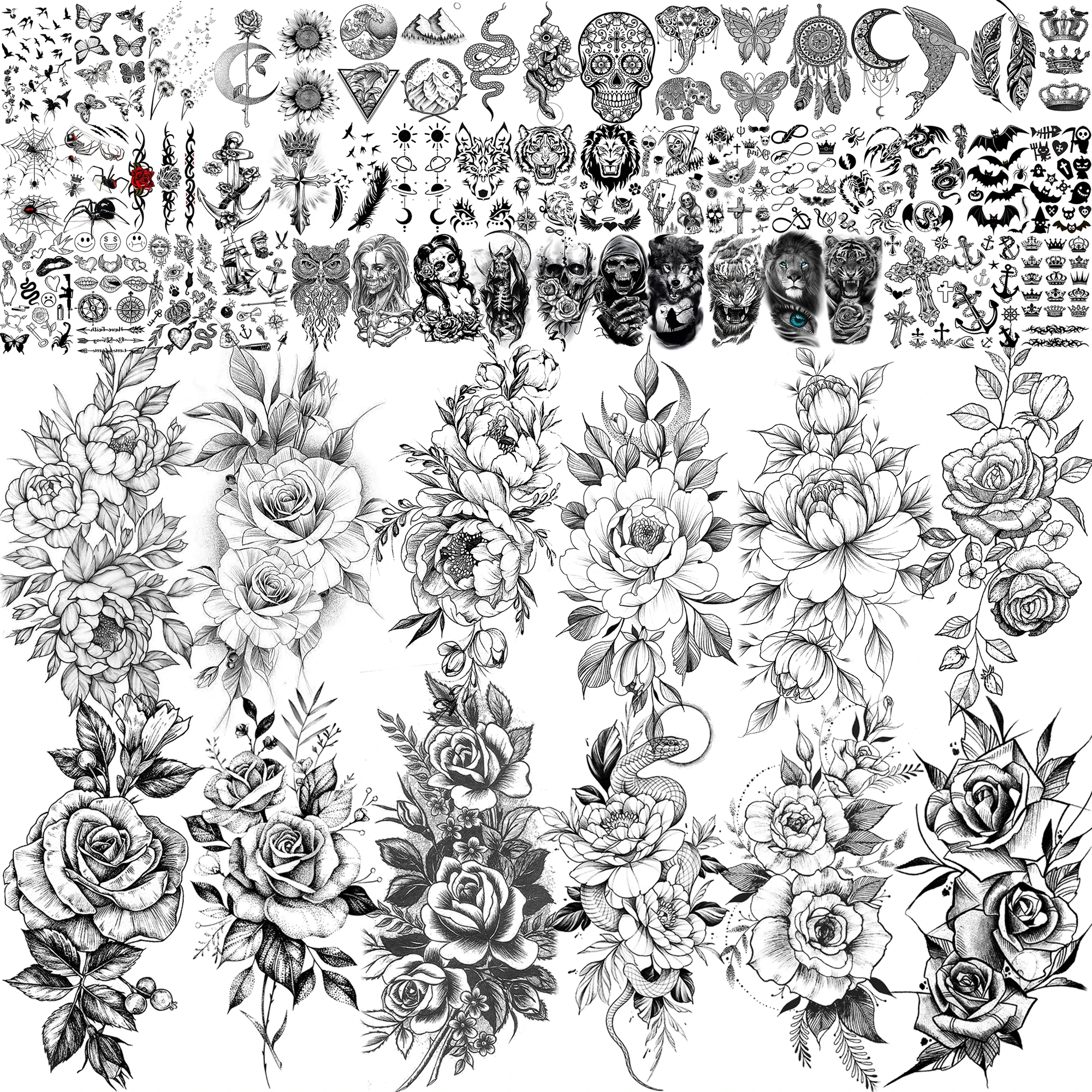 63 ورقة وشم مؤقت على شكل زهرة الفاوانيا الوردية السوداء الواقعية للنساء برقبة ذراع فنية للجسم، ملصقات زهور الأفعى المزيفة