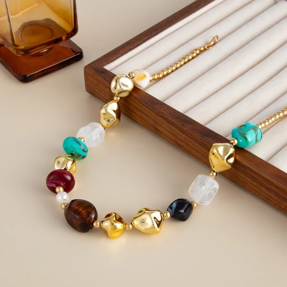 Maillard Style Resin Beaded Necklace Irregular Shape Layered Colorful Resin Necklace Colorful Irregular Necklace Jewelry