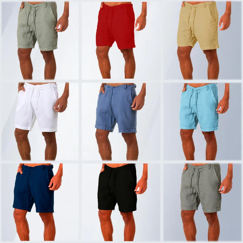 Shorts de linho solto para praia masculino, shorts carga sólida moletom de algodão, lazer selvagem, moda verão, novo