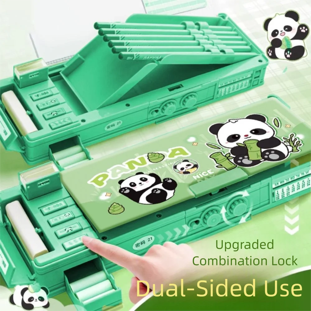 Cartoon Multifunctional Panda Pencil Case Double Layer Large Capacity High-tech Pen Box with Password Lock Pen Boxes Students