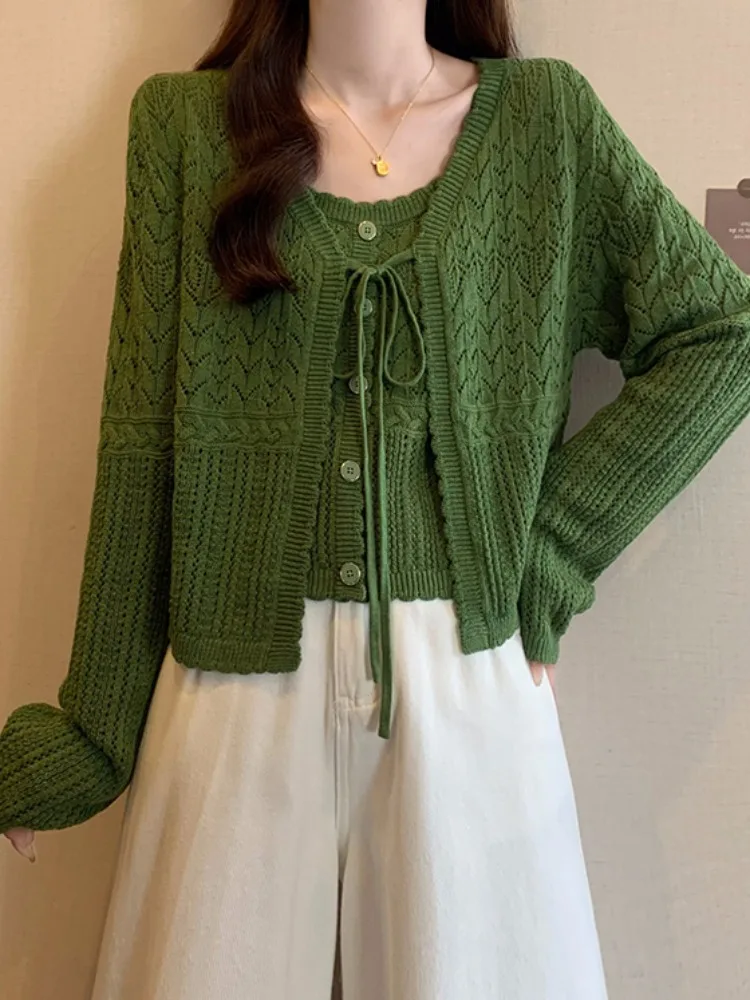 

Авокадона, вязаный топ без рукавов, жилет на бретелях, женский весенне-осенний комплект больших размеров для похудения, комплект из двух предметов