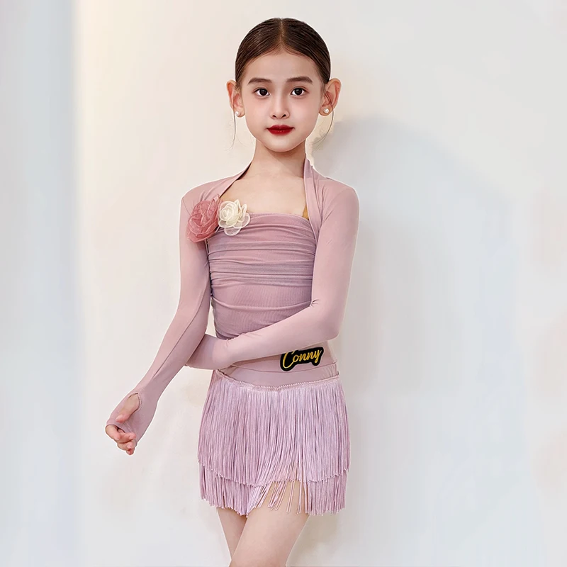 Girls Pink Latin Clothes Children Dancer Training Suit Fringe Skirt Cha Cha Samba Salsa Practice Wear Kid Latin Outfit