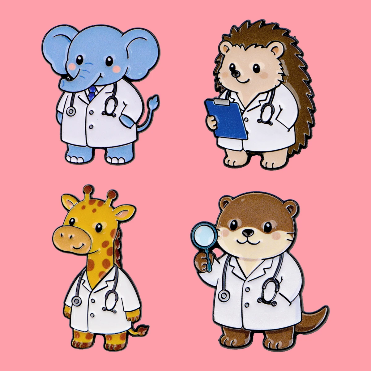 4pcs Cartoon Zoo Doctor Animal Enamel Pin Set Hedgehog Elephant Otter Brooch Lapel For Backpack Hat Badges Jewelry Nurse Gifts