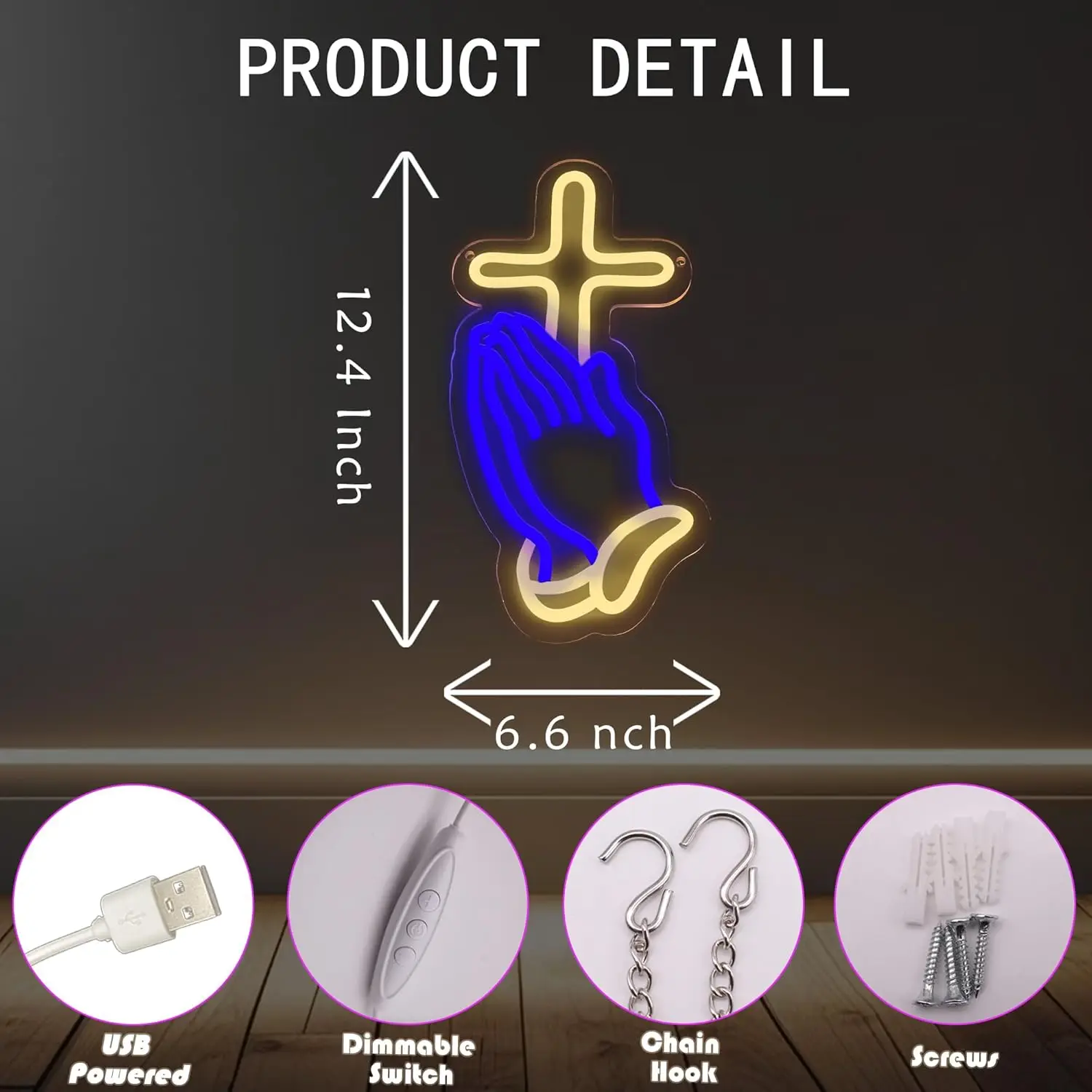 Praying Hands with Cross Neon Sign USB Dimmable LED Christian Wall Light for Church Prayer Room Religious Faith Home Decor Gift