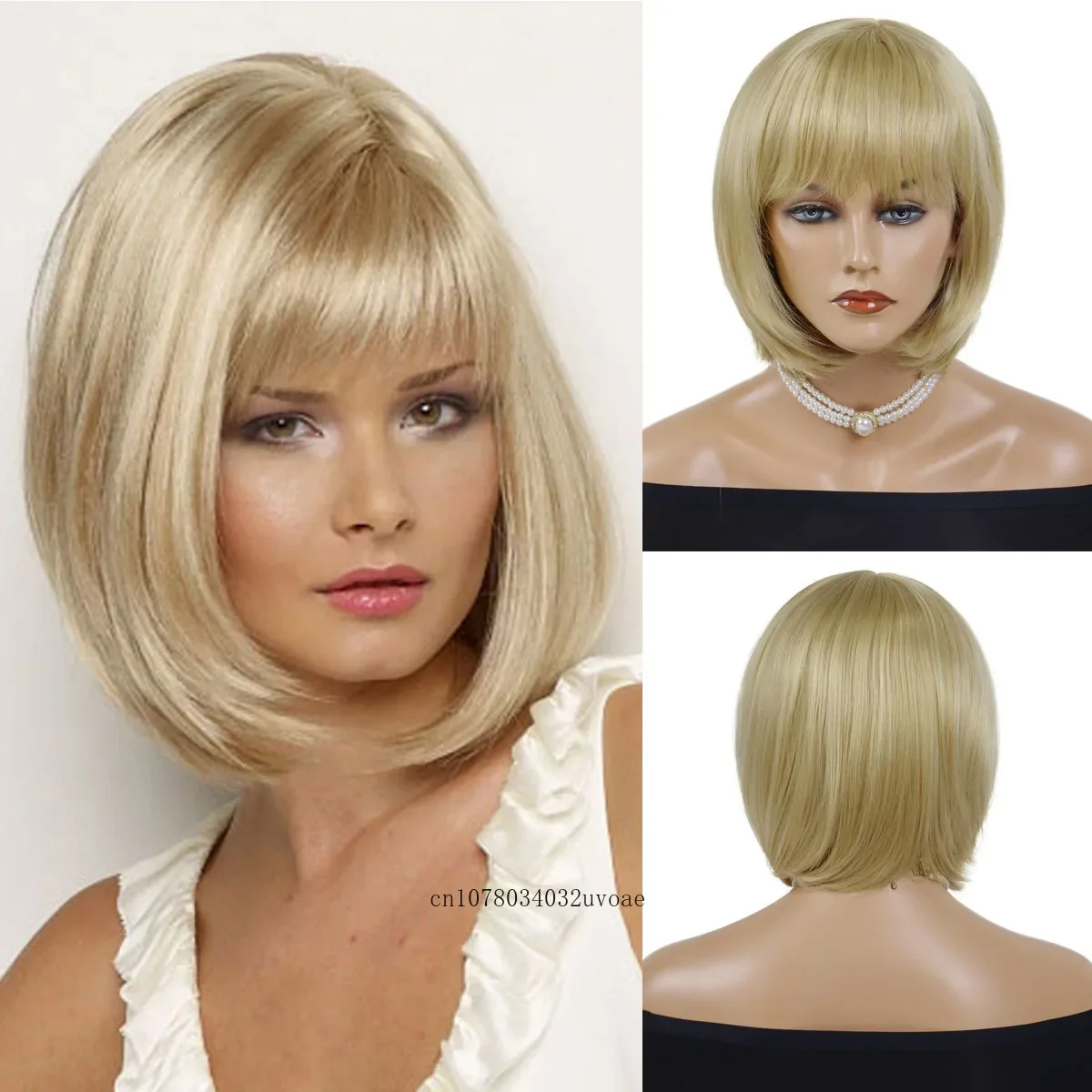 Short Blonde Wigs Synthetic Hair Wig with Bang Natural Bob Wig for Women Straight Hairstyle Cosplay Clearance Sale Cheap Wigs