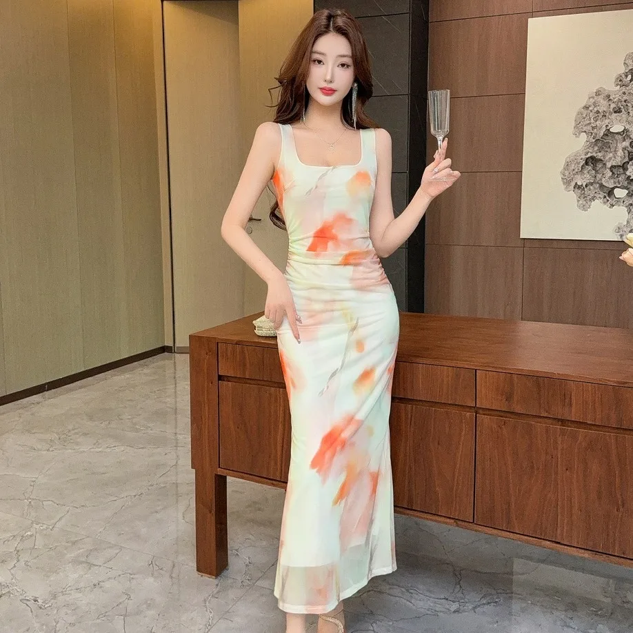 Abito lungo da donna retrò elegante moda senza maniche stampa a rete Slim Party Club Boho Summer 2025