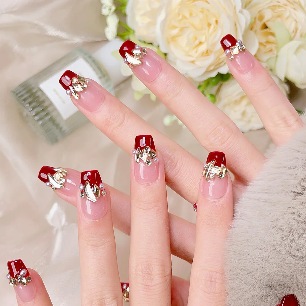 10pcs Short Trapezoid Handmade Press On Nails Kit, Wine Red Fake Nails, Noble Elegant Wearable Nail Art, Rhinestone Ring - view 3