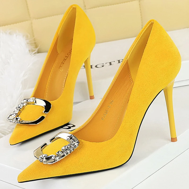 BIGTREE Shoes Metal Rhinestone Belt Buckle Women Pumps Suede High Heels Luxury Banquet Shoes Sexy Party Shoes Women Stilettos