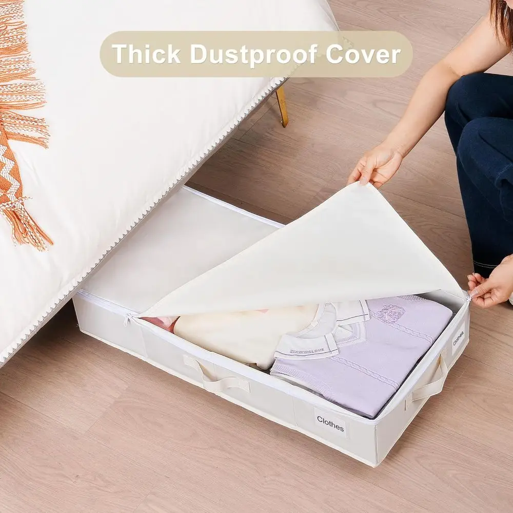 Under Bed Storage with Wheels, 2 Pack Containers for Clothes, Shoes, Blankets, Rolling Organizer with Cover, Beige (30.71x15.7x7 view 3
