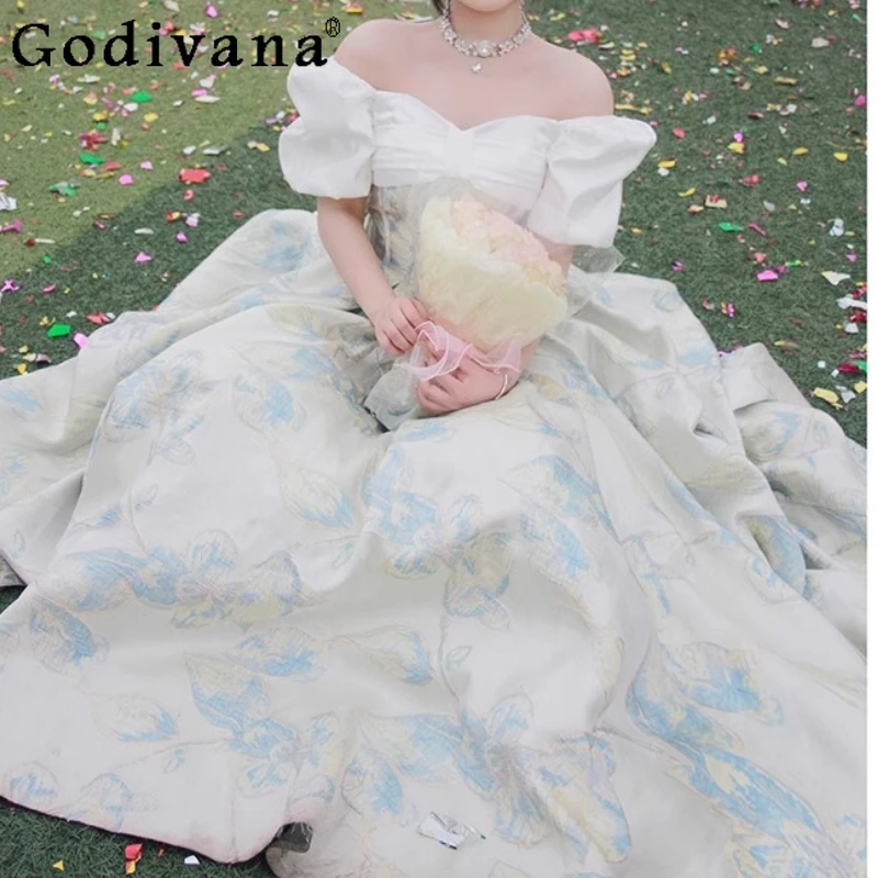 L-4XL Large Size Blue Sweet Bow Slash Neck Graduation Evening Dress New Lace-up High Waist Birthday Engagement Princess Dresses