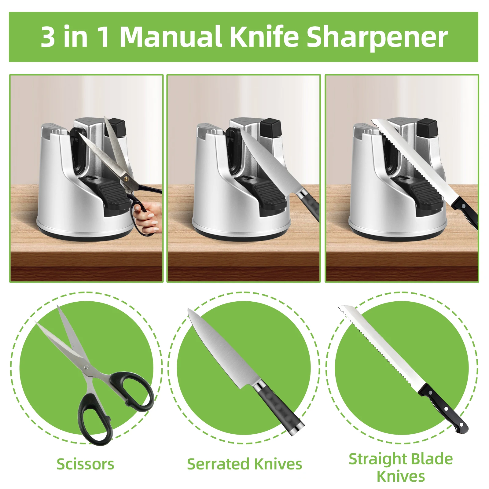 3in1 Knife Sharpener Tungsten Steel Manual Kitchen Sharpener Tool with Suction Cup Polishing Rod for Scissors Bread Knife