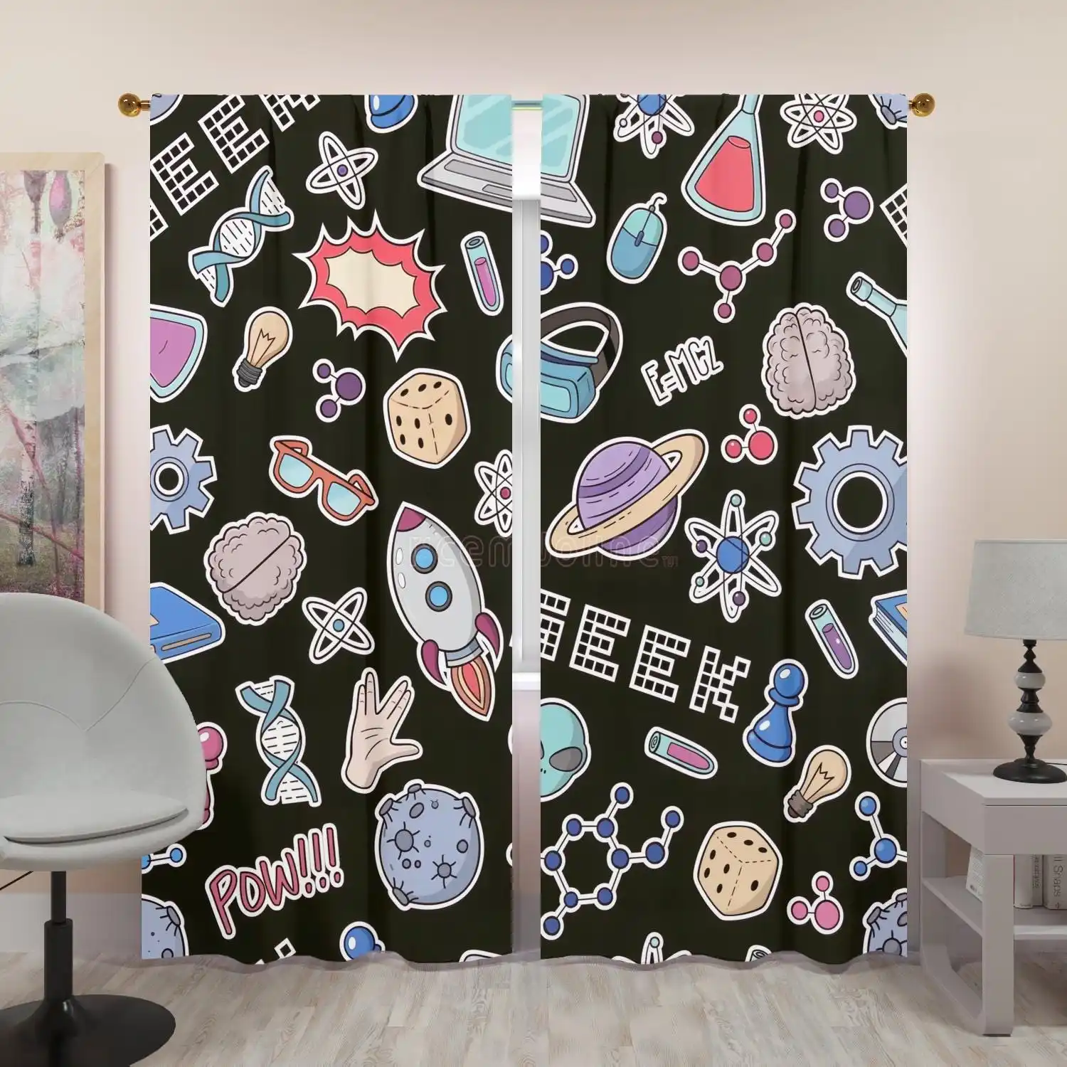 Fun Science Lab Theme Curtains Black Background Educational Cartoon Pattern for Nursery Classroom Decor