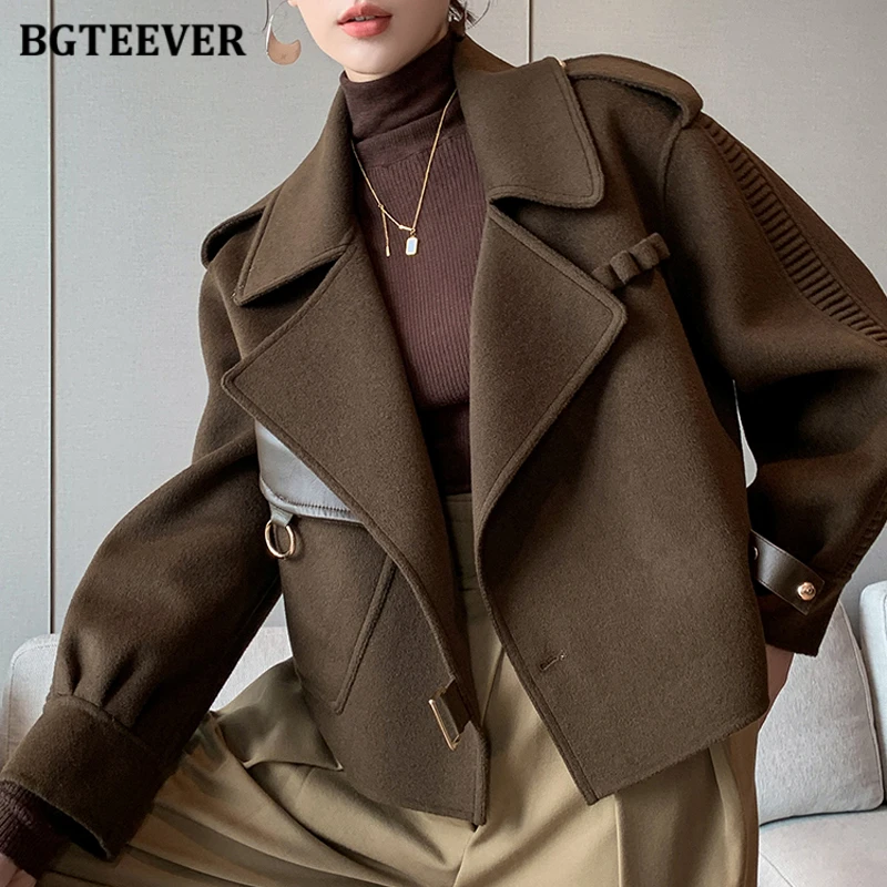 BGTEEVER Elegant Lapel Women Thicken Woolen Jackets Winter Fashion Long Sleeve Pockets Warm Loose Female Solid Blend Coats