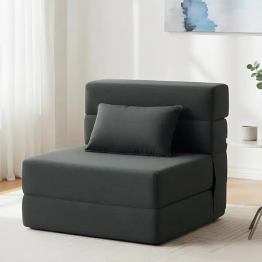 Folding Sofa Bed Convertible Sleeper Chair Bed for Adults Fold Out Chair to Bed Linen Futon Chair with Pillow for Home Dorm Apa
