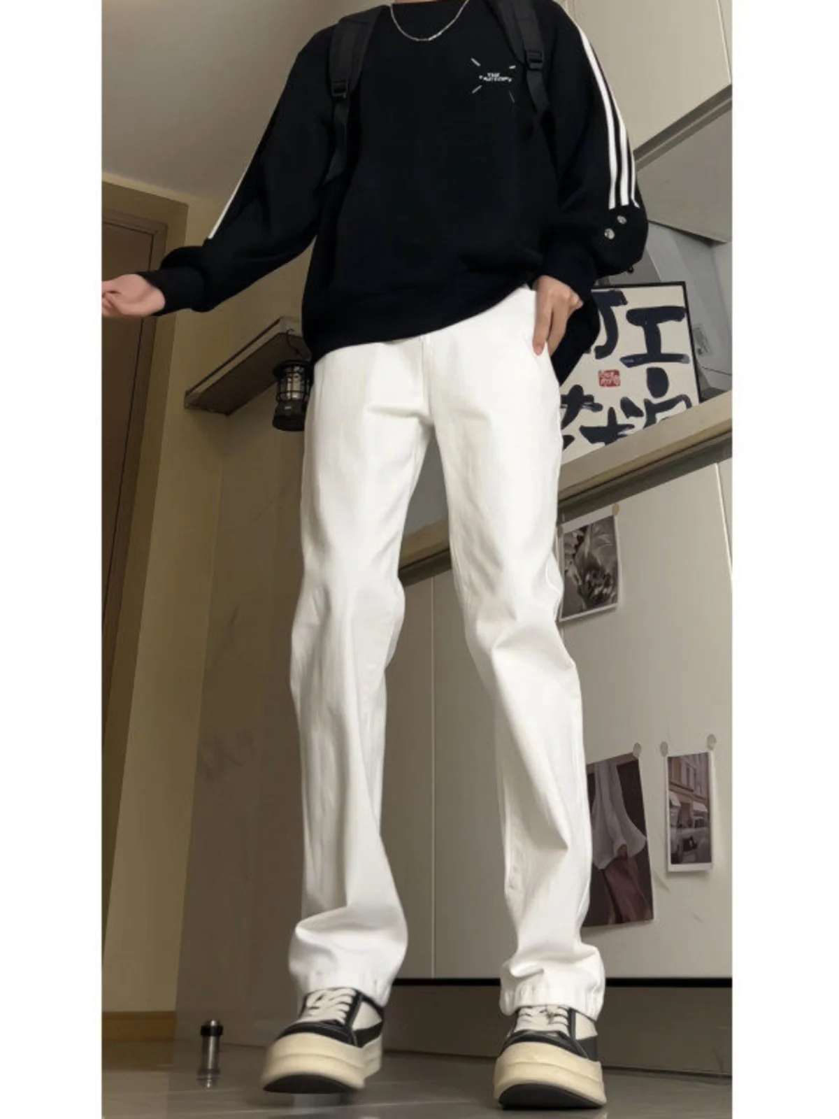

White Elastic Men's Jeans Spring American High Street Vibe Flared Straight Leg Casual Long Trousers Trendy Washed out Jeans