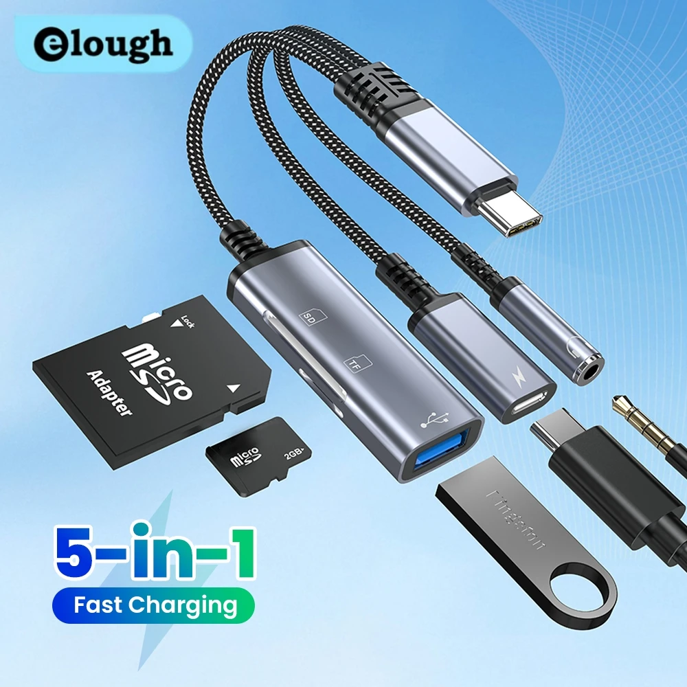 Elough Multi Functional 5 in 1 Type-C to 3.5mm Digital Audio Adapter SD/TF/USB Card Reader for iphone 15 16 17 Samsung