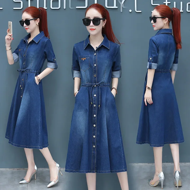 

Long Denim Dress Women Spring Autumn Vintage Long Sleeves Lapel Jeans Dress Female Causal Bodycon Cowboy Shirt Midi Dresses