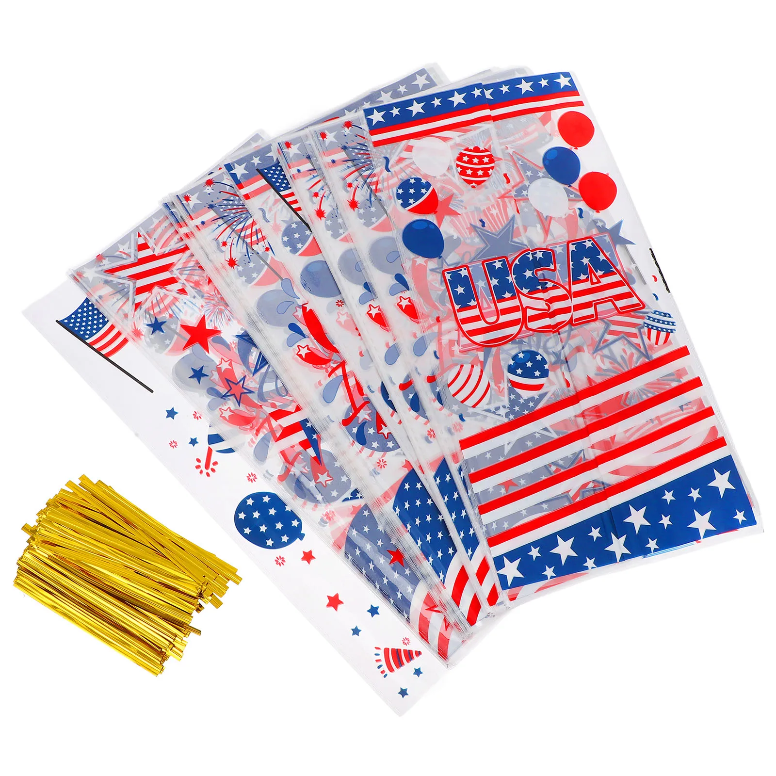 

100PCS Candy Bags Clear OPP American Flag Print Independence Day Party Favor Bags for Snacks Treats Gift Packaging