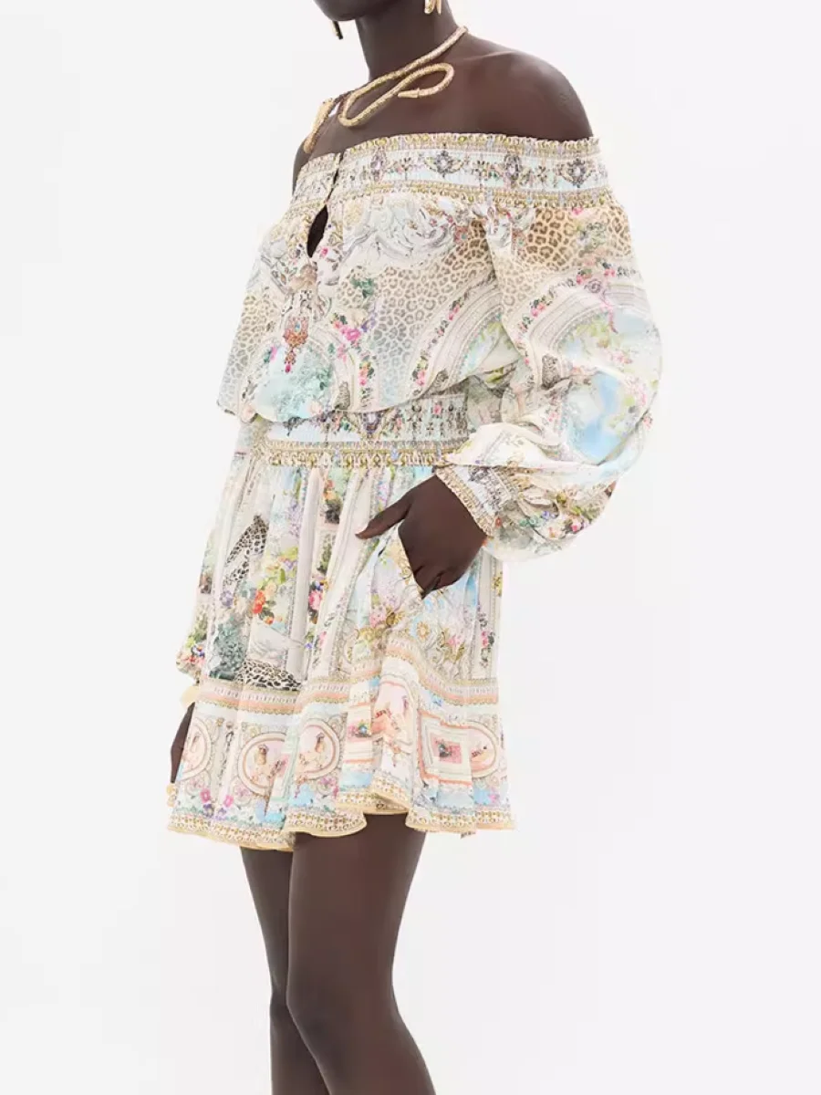 

Женское платье из 100% шелка с цветочным и леопардовым принтом, расшитое бисером, с разрезом на шее, с длинным рукавом, с эластичной резинкой на талии, модный женский мини-халат