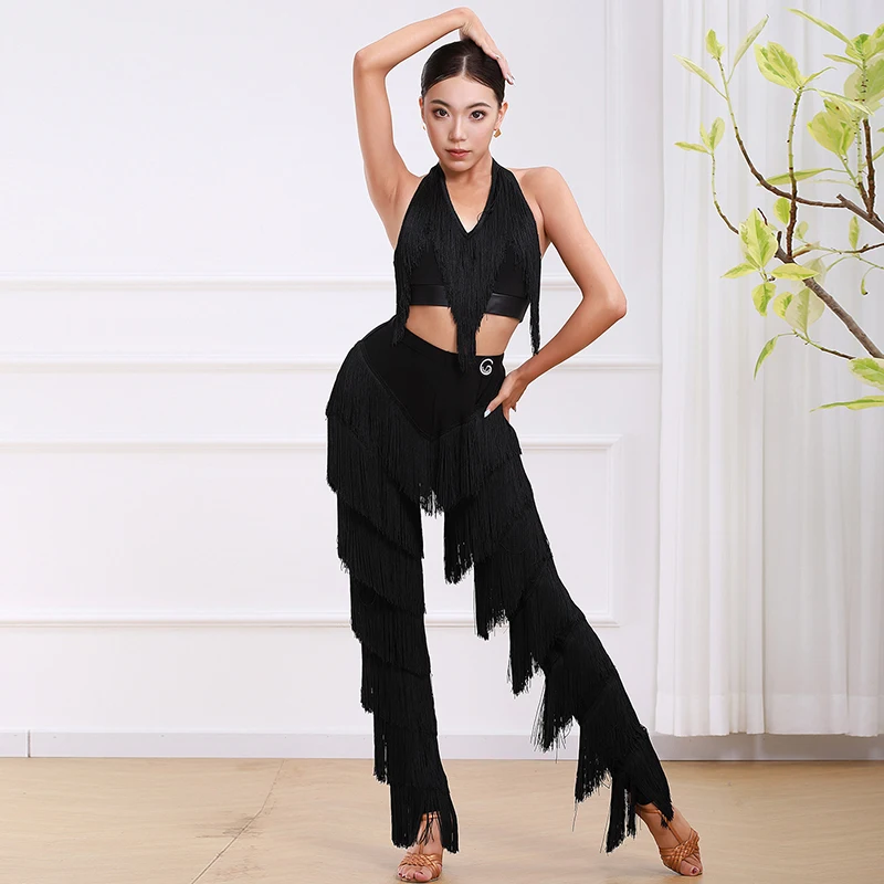Women Latin Dance Pants Set Leopard Fringe Top Sexy Latin Performance Wear ChaCha Rumba Salsa Costume Brown Training Suit 4666