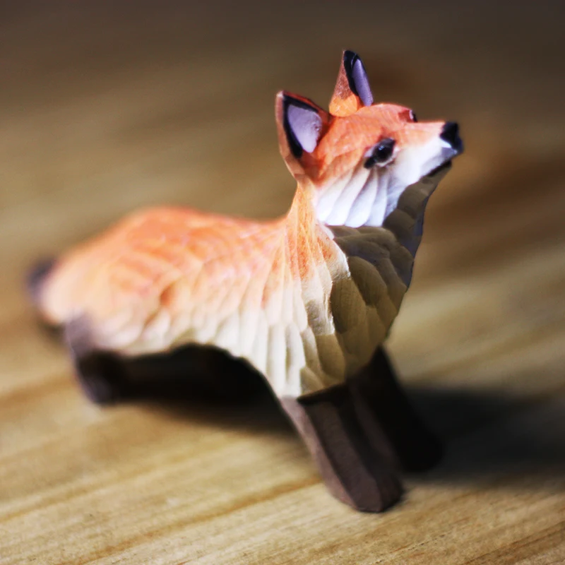 1 piece Fox wood carving animal ornaments solid wood handicrafts red white foxes home decor