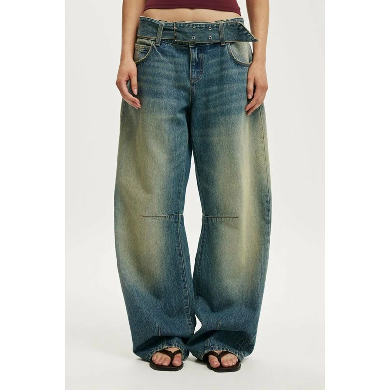 Damskie jeansy typu barrel z paskiem w stylu Y2K vintage, modne, codzienne, z gradientem kolorów, z niskim stanem, luźne, długie spodnie dżinsowe z kieszeniami.