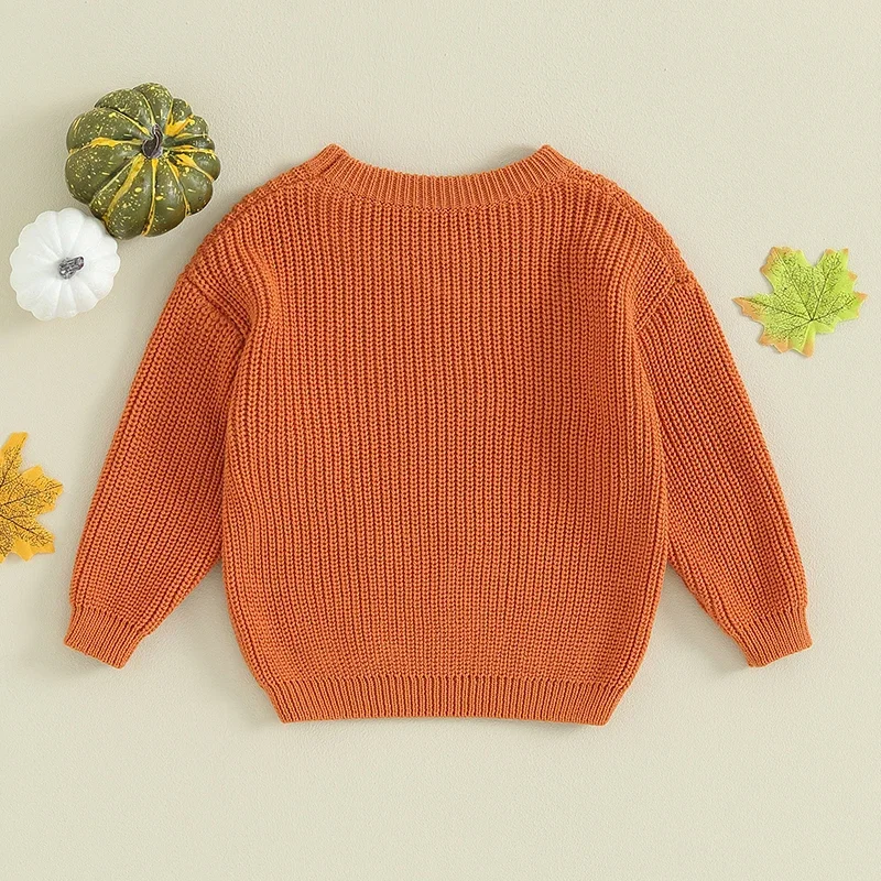 Baby Boys Girls Halloween Sweater Pumpkin Letter Embroidery Crew Neck Long Sleeve Pullovers Jumpers Tops