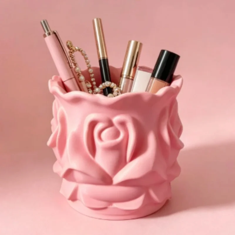 3D Printed Rose Pen Holder Plastic Flower‑shaped Makeup Brush Storage Bucket Desktop Cosmetic Organizer Home Decor Gift