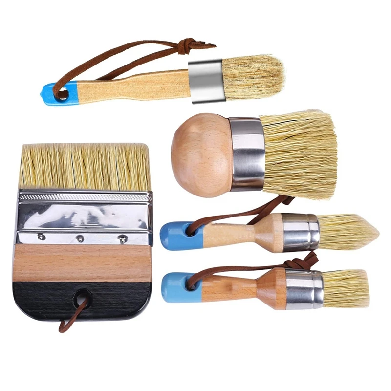 3/5Pcs Chalk and Wax Paint Brushes Wood Flat Pointed For Furniture Bristle Stencil And Round Chalked Paint Brushes Home Decor