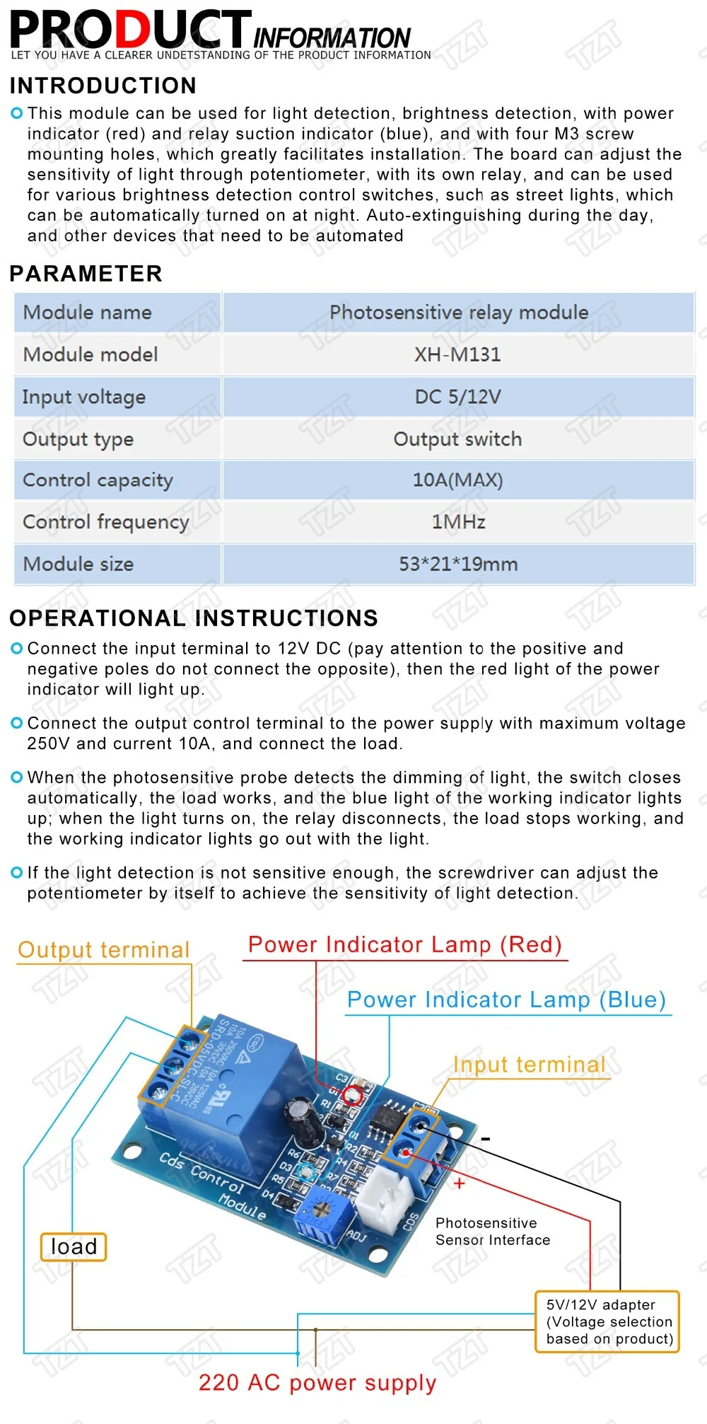 TZT XH-M131 DC 5V / 12V Lichtsteuerungsschalter Fotoresistor-Relaismodul Erkennungssensor 10A Helligkeits-Automatiksteuerungsmodul – Detail 3