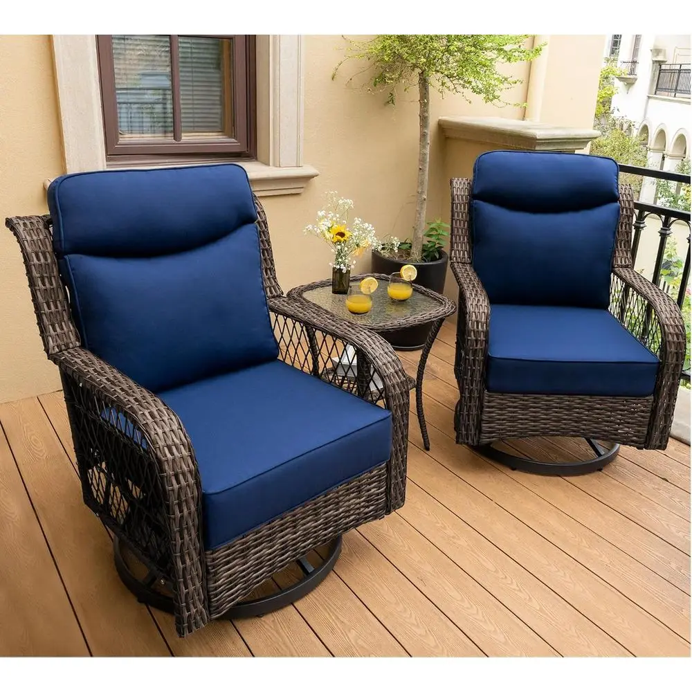 

3-Piece Wicker Swivel Rocker Patio Set with Side Table, Thick Cushions & High Back Support