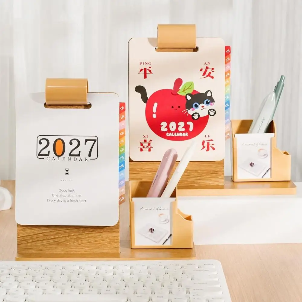 Wood 2027 Desk Calendar Pen Holder Creative 2027 Calendar Organizer Multifunctional Pen Holder Calendar Desk Organization
