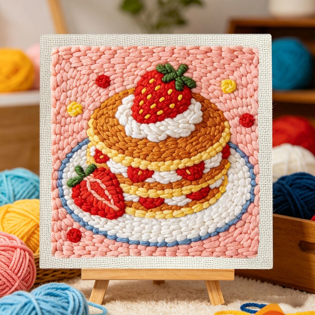 1 Set Erdbeer-Pfannkuchen DIY-Stickerei-Set für Anfänger, Stickerei-Starter-Kit, Kreuzstich-Kunstgeschenk, Handarbeits-Bastelset – Detail 2