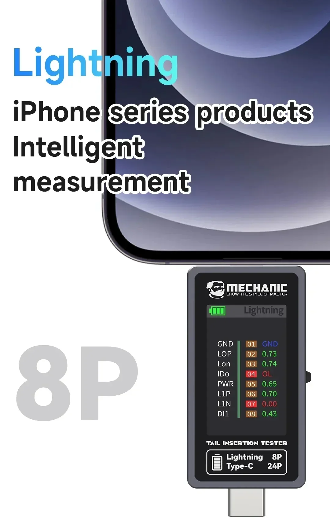 Mechanic T-824 Phone Tail Insertion Tester Digital Display Current Power Check Independent Pin Type-C Lightning No Disassembly
