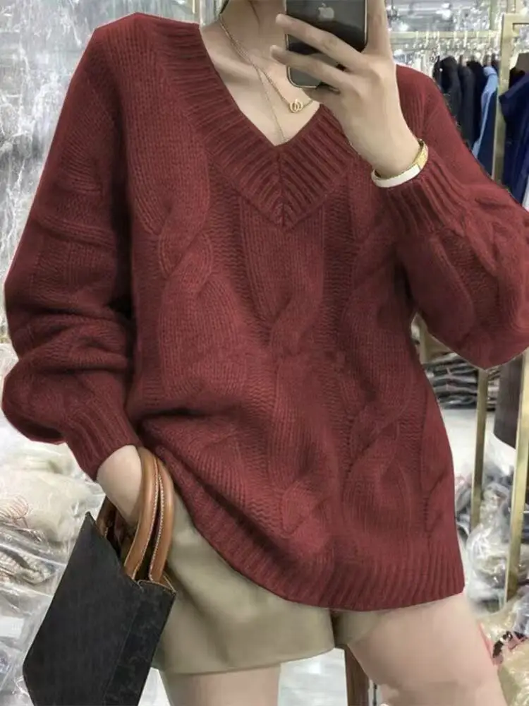 

Осенний женский свободный однотонный свитер с длинным рукавом и v-образным вырезом, модный зимний элегантный повседневный вязаный топ, пуловер в винтажном стиле, трикотаж